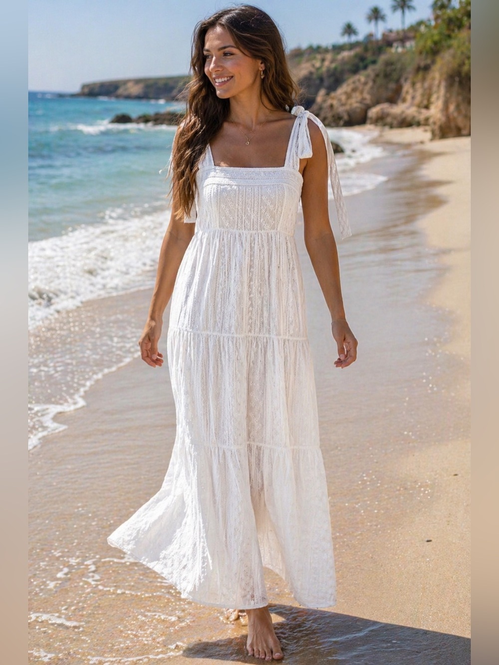 Aqua Tiered Maxi Dress Tie Shoulder Straps White Size S NWT